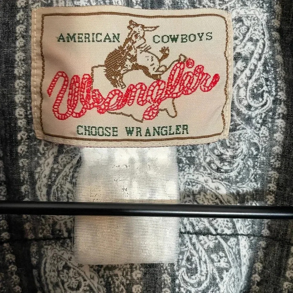 VTG Wrangler American Cowboy Paisley Pearl Snap Shirt Western Rodeo Black/White - Picture 2 of 12